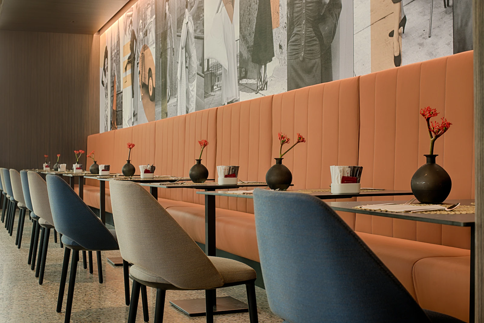 Restaurant -Elegant restaurant interior fitted with wall panels secured using panel mounting clips for a clean, streamlined commercial finish