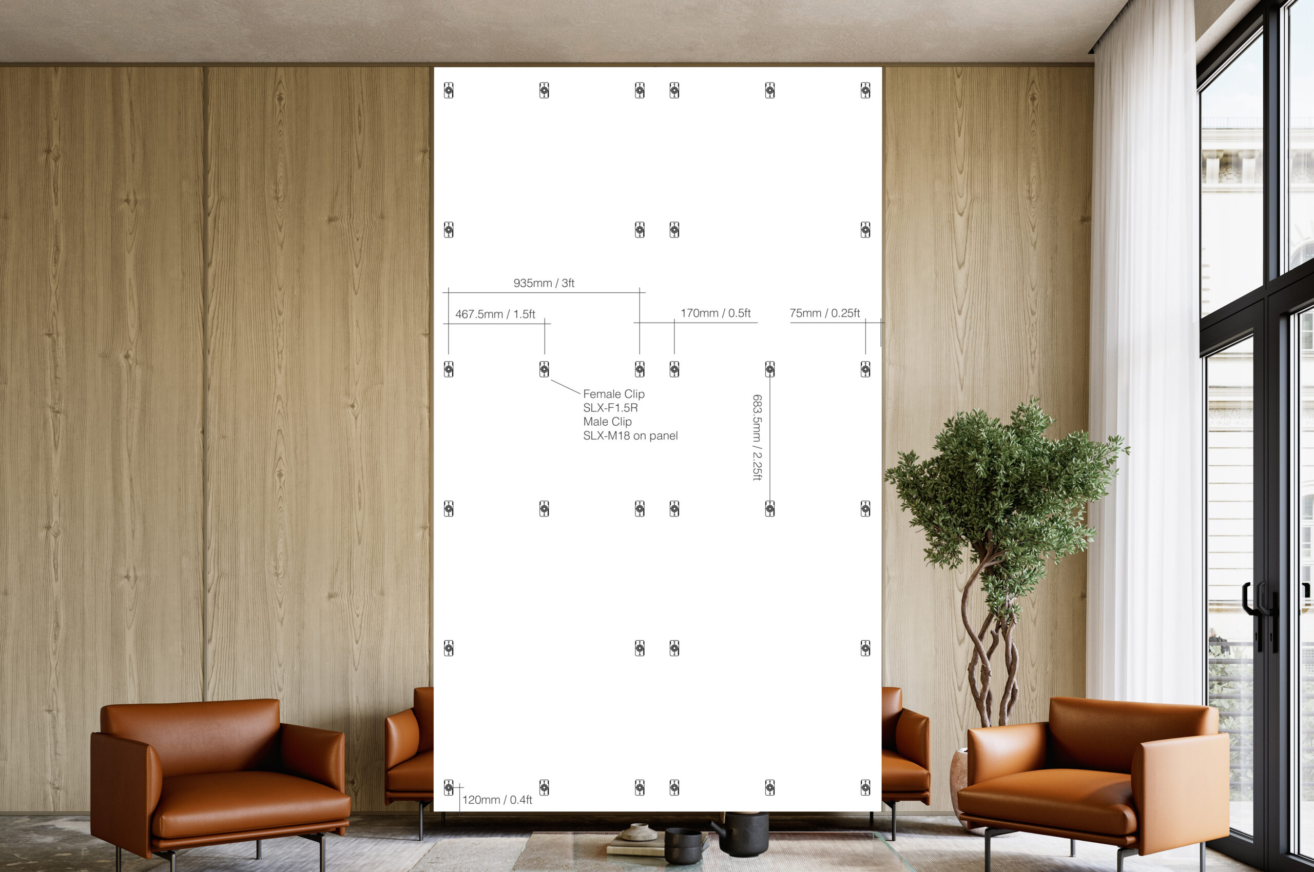 Modern living space with a long light-colored wooden paneled wall, brown leather sofa and armchairs, tall green plant, and large window, highlighting the use of architectural panel systems.