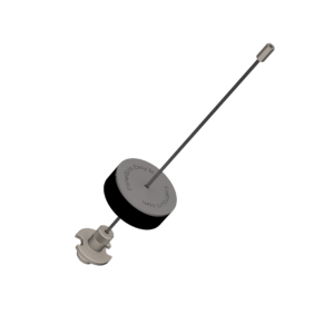 Fastmount PanelSafe PS-150E restraint system with circular base, black band, and extended rod featuring a complex lower fitting for secure yet serviceable heavy panel installation in panel mounting systems