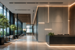 Heavy duty Z clips alternative in a premium commercial office lobby featuring Fastmount’s modern panel mounting systems for stronger, safer and easier panel installation